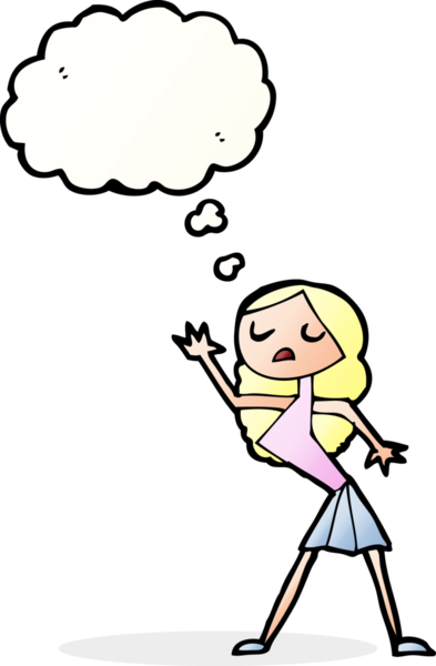 Bir insan tarafından çizilmiş düşünce baloncuğuyla dans eden çizgi film kadını.