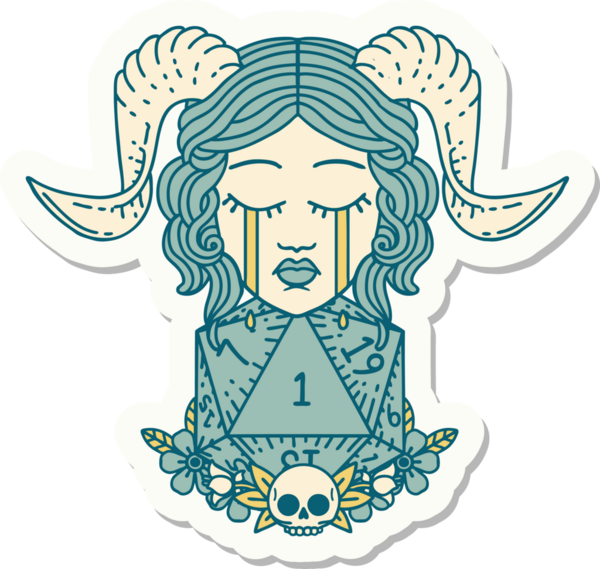 Bir insan tarafından çizilmiş doğal bir d20 zar ile hüzünlü bir bağlama etiketi.