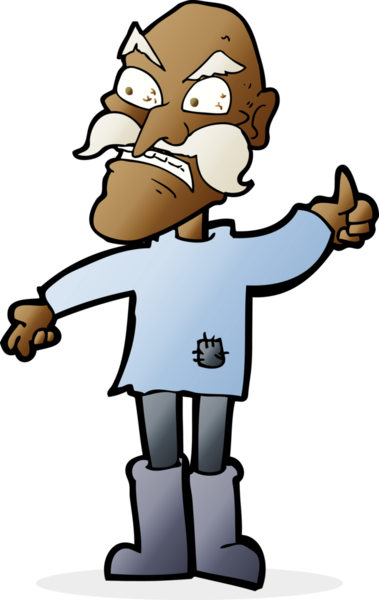 Bir insan tarafından çizilmiş yamalı elbiseli kızgın yaşlı adam çizgi filmi.