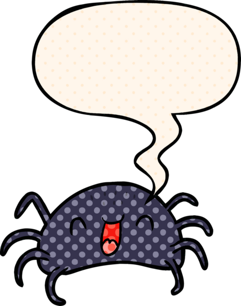 Bir insan tarafından çizilmiş çizgi roman tarzında konuşma balonu olan cadılar bayramı örümceği çizgi filmi.