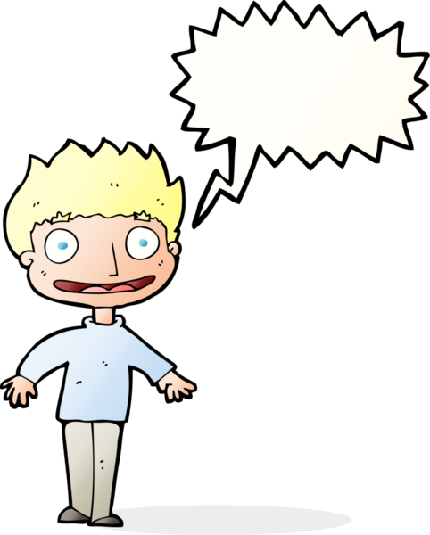 Bir insan tarafından çizilmiş konuşma balonu olan heyecanlı bir çocuk.