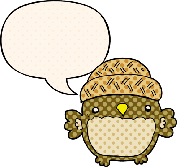 Bir insan tarafından çizilmiş çizgi roman tarzında konuşma balonu olan şapkalı sevimli bir baykuş.