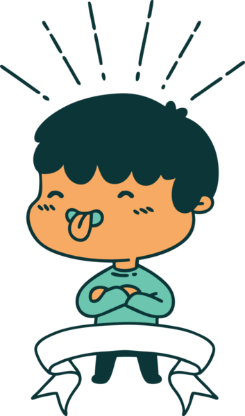 Dövmeli çocuk bir insan tarafından çizilmiş dili dışarı çıkarıyor.