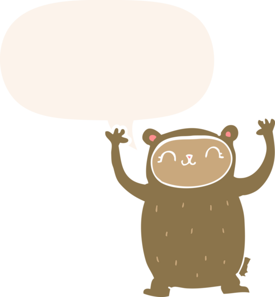 Bir insan tarafından çizilmiş konuşma baloncuğu olan sevimli çizgi film ayısı.