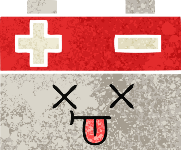 Bir insan tarafından çizilmiş bir araba aküsünün retro çizim tarzı karikatürü