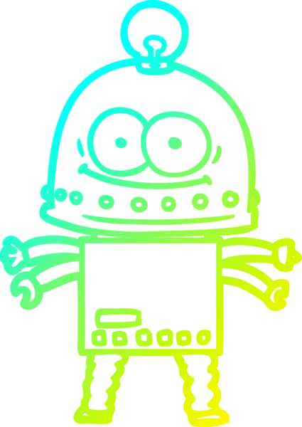Bir insan tarafından çizilmiş ampullü mutlu bir robot çizimi.