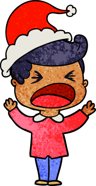 Bir insan tarafından çizilmiş Noel Baba şapkası giymiş bağıran bir adamın el çizimi karikatürü.