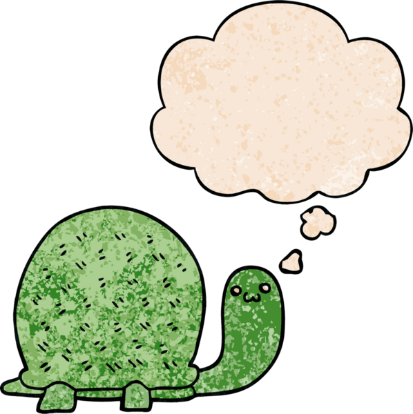 Bir insan tarafından çizilmiş grunge desenli düşünce baloncuğu olan sevimli çizgi film kaplumbağası.