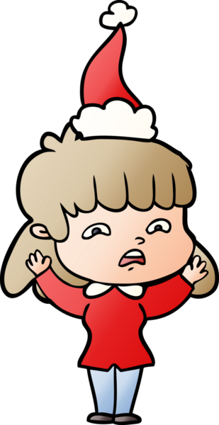 Bir insan tarafından çizilmiş Noel Baba şapkası giyen endişeli bir kadının el çizimi karikatürü.