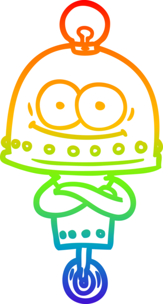 Gökkuşağı gradyan çizgisi mutlu bir karton robot çizimi ve bir insan tarafından çizilmiş ampul.