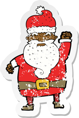 Bir insan tarafından çizilmiş kızgın Noel Baba çizgi filminin gerilimli retro çıkartması.