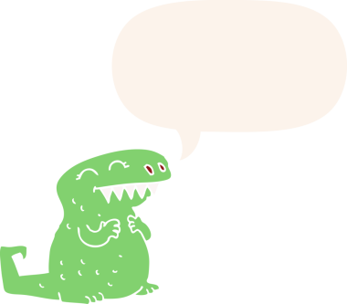 bir insan tarafından çizilmiş eski usul konuşma baloncuklu karikatür dinozor.