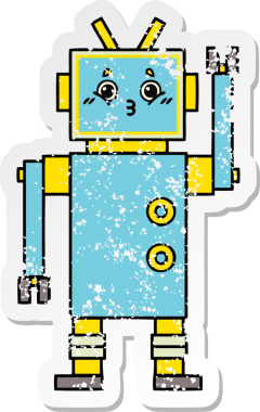 Bir insan tarafından çizilmiş sevimli bir robot çizgi film çıkartması.