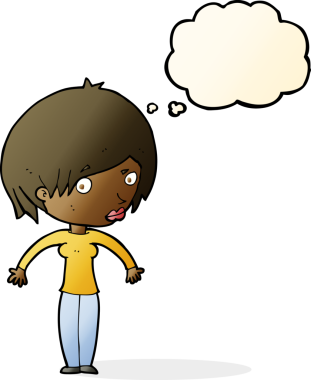 Bir insan tarafından çizilmiş düşünce baloncuğuyla omuz silken çizgi film kadını.