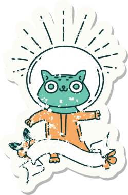 Bir insan tarafından çizilmiş astronot kostümlü dövme stili bir kedinin eski çıkartması.