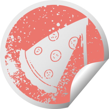 Sıkıntılı dairesel soyma etiketi bir insan tarafından çizilmiş tuhaf sembolik pizza dilimi.