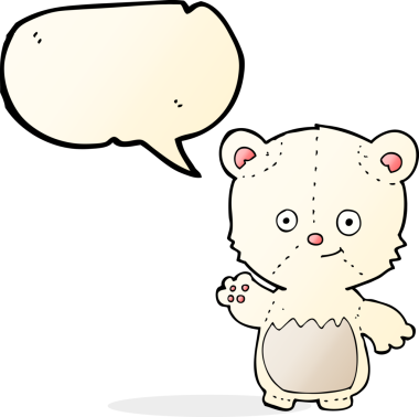 Karikatür kutup ayısı bir insan tarafından çizilmiş konuşma baloncuğuyla el sallıyor.