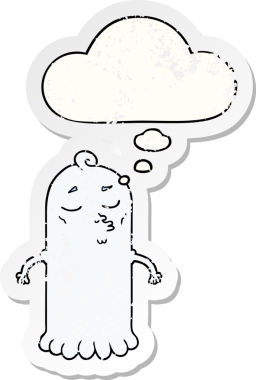 Düşünce baloncuğu olan karikatür hayaleti bir insan tarafından çizilmiş yıpranmış bir çıkartma.