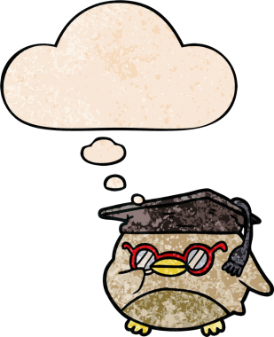 cartoon clever bird with thought bubble in grunge texture style drawn by a human