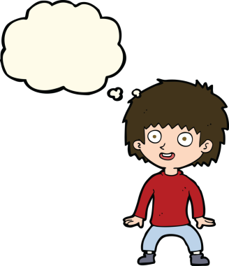 Bir insan tarafından çizilmiş düşünce baloncuğu olan heyecanlı çocuk.