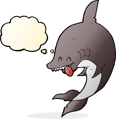 Bir insan tarafından çizilmiş düşünce baloncuklu komik köpek balığı.