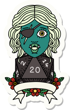 Bir insan tarafından çizilmiş 20 zarlı yarı ork haydut bir karakterin çıkartması.