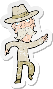 Bir insan tarafından çizilmiş şapkalı bir karikatürcünün sıkıntılı retro yapıştırması.