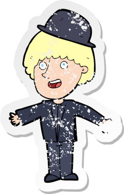 Bir insan tarafından çizilmiş melon şapkalı bir çizgi film karakterinin gerilimli çıkartması.