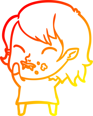 Bir insan tarafından çizilmiş yanağında kan olan vampir bir kızın çizgi film çizimi.