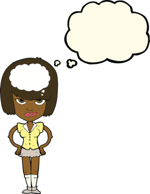 Bir insan tarafından çizilmiş düşünce baloncuğuyla düşünen çizgi film kadını.