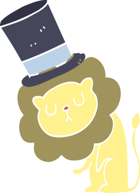 cute flat color style cartoon lion wearing top hat drawn by a human