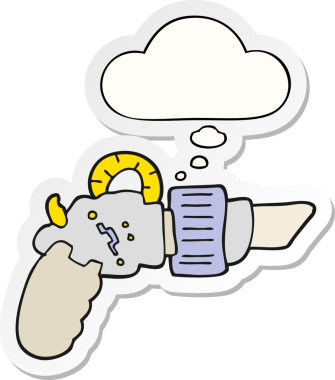 Düşünce baloncuklu çizgi film ışın tabancası insan tarafından çizilmiş bir çıkartma.