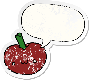 Konuşma baloncuklu çizgi film elması bir insan tarafından çizilmiş sıkıntılı eski bir çıkartma