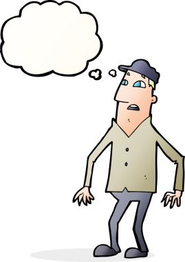 Bir insan tarafından çizilen düşünce baloncuğuyla şok olmuş bir adam.