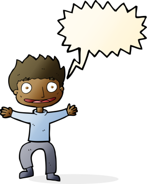 Bir insan tarafından çizilmiş konuşma balonlu sırıtan çocuk.