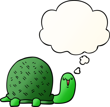 Bir insan tarafından çizilmiş yumuşak eğimli düşünce baloncuklu şirin çizgi film kaplumbağası.