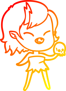 warm gradient line drawing of a cartoon laughing vampire girl with skull drawn by a human