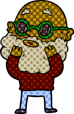 Bir insan tarafından çizilmiş sakallı ve güneş gözlüklü meraklı bir adam.