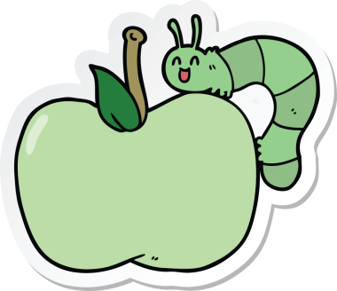 Bir insan tarafından çizilmiş elma ve böceğin çıkartması.