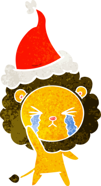 Bir insan tarafından çizilmiş Noel Baba şapkası takan ağlayan bir aslanın eski çizgi filmi.