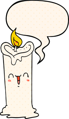 cartoon happy candle with speech bubble in comic book style drawn by a human