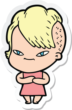 Hipster saç kesimi bir insan tarafından çizilmiş şirin bir çizgi film kızına ait etiket.