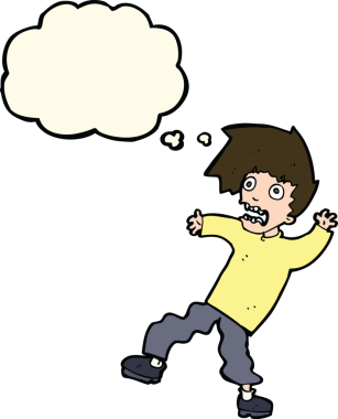 Bir insan tarafından çizilmiş düşünce baloncuğuyla dehşete düşmüş bir adam.