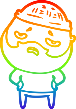 Bir insan tarafından çizilmiş sakallı, endişeli bir çizgi film çizimi.