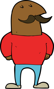 Bir insan tarafından çizilmiş bıyıklı kel bir adam.