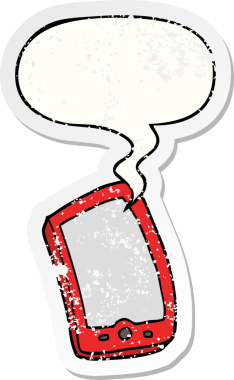 Konuşma baloncuklu çizgi film cep telefonu bir insan tarafından çizilmiş sıkıntılı eski bir çıkartma