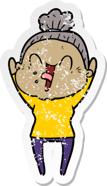 Bir insan tarafından çizilmiş mutlu, yaşlı bir kadının sıkıntılı çıkartması.