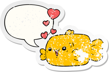 Aşk dolu, tatlı karikatür balığı. Konuşma baloncuğu olan. Bir insan tarafından çizilmiş kederli eski bir çıkartma.