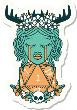 Hüzünlü yarı ork bir Druid karakterinin çıkartması. Bir insan tarafından çizilmiş doğal bir zar.