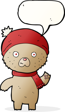 Bir insan tarafından çizilmiş konuşma balonlu oyuncak ayıyı sallayan çizgi film.